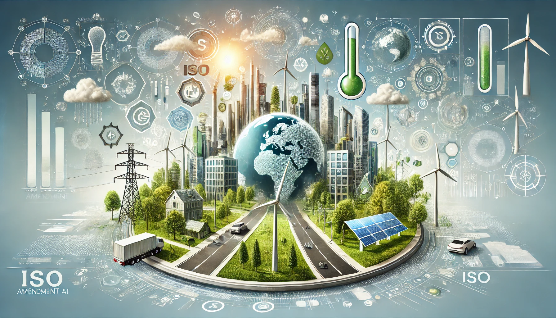 Documents ISO avec des éléments climatiques comme un globe terrestre, nuages et soleil, illustrant l’intégration de l’amendement Climat ISO 2024 dans les systèmes de management