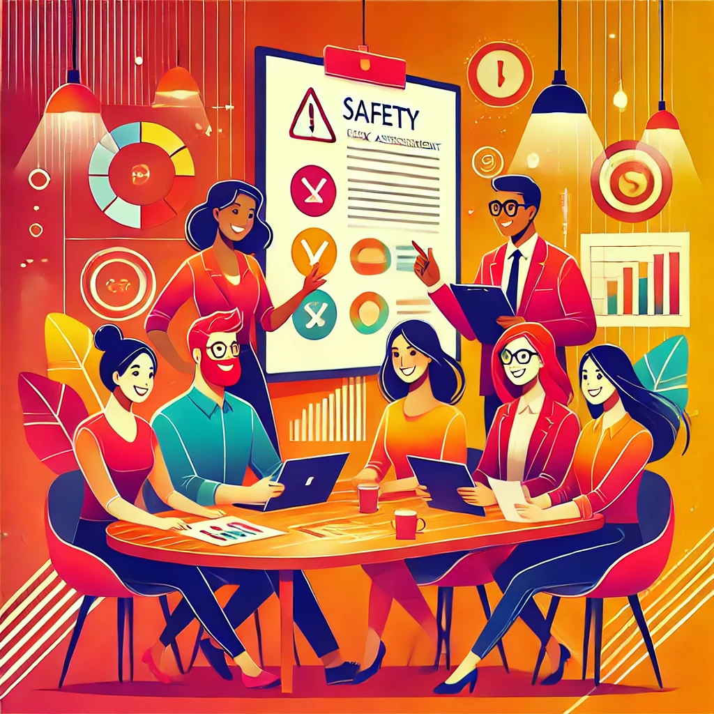 Équipe professionnelle souriante travaillant ensemble sur un projet de sécurité dans un bureau dynamique aux tons rouges, oranges et jaunes, représentant un accompagnement pour le Document Unique d'Évaluation des Risques Professionnels