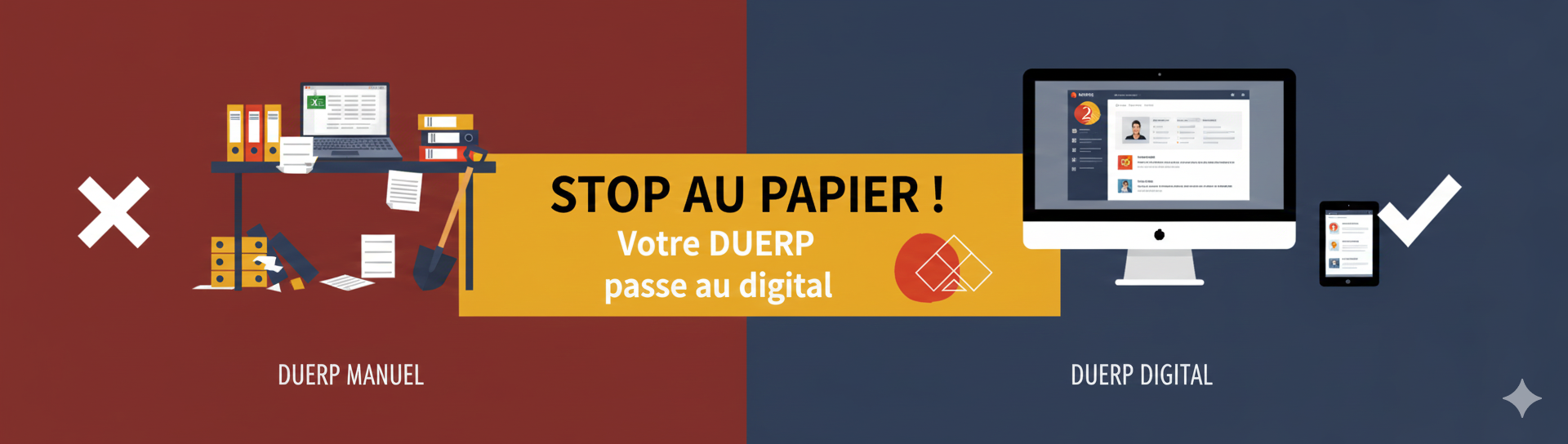 omparaison entre la gestion manuelle du Document Unique (DUERP) sur Excel (stress et papier) et l'efficacité de la solution digitale AS2PIQ.
