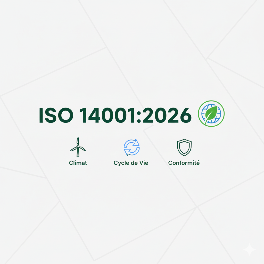 Illustration simplifiée représentant la convergence entre la gestion d'entreprise et les enjeux écologiques de la nouvelle version ISO 14001:2026.